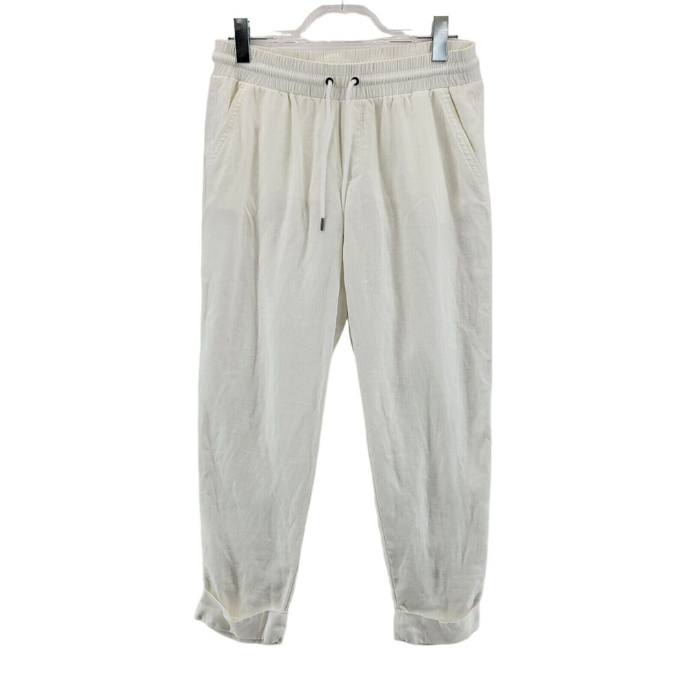 Athleta Bali Linen Pants Women 8 White Cropped Midrise Pockets Boho Chic Coastal
